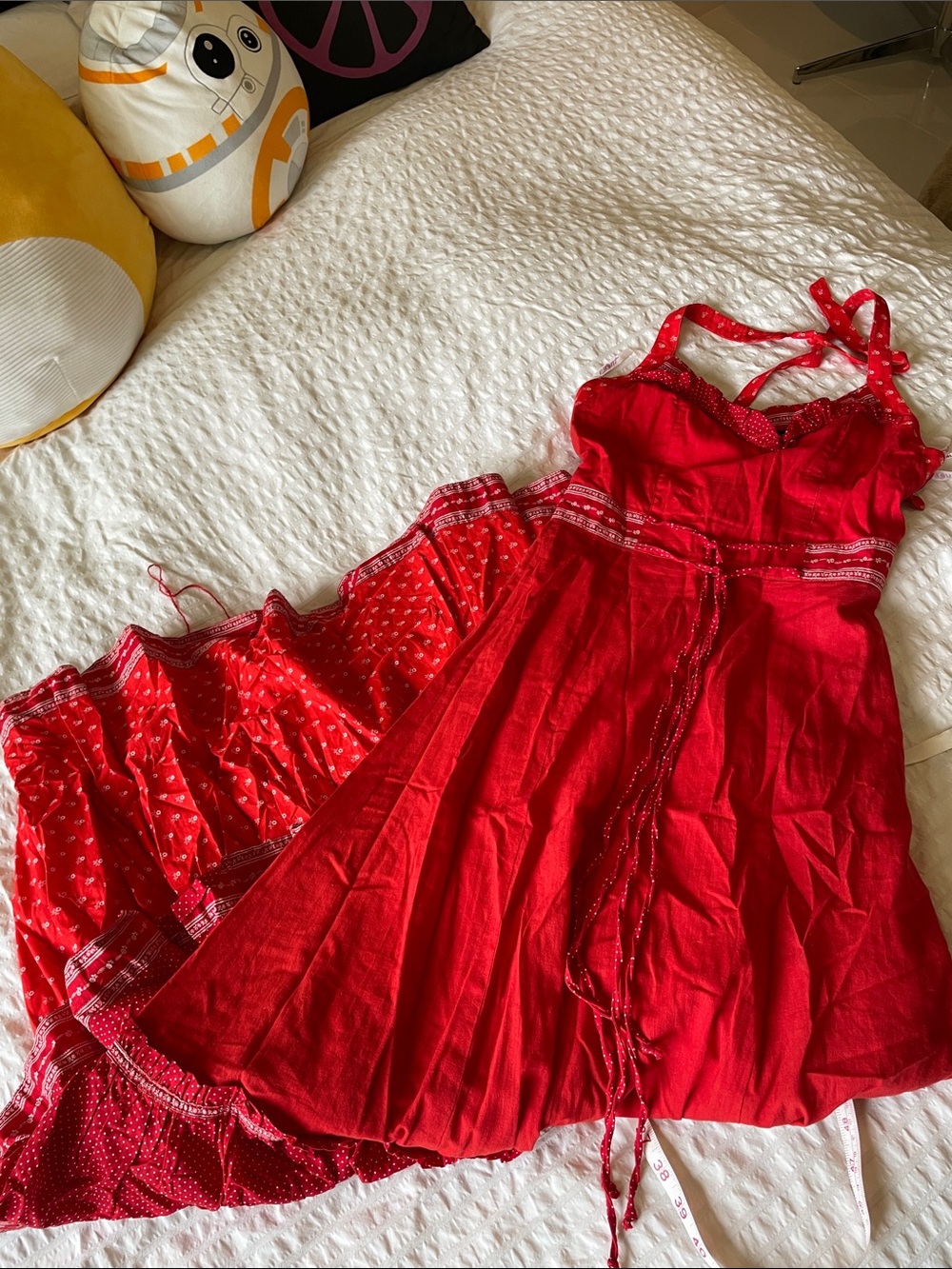 Elkont halter Red Maxi Dress with Tie Details and tiered skirt
